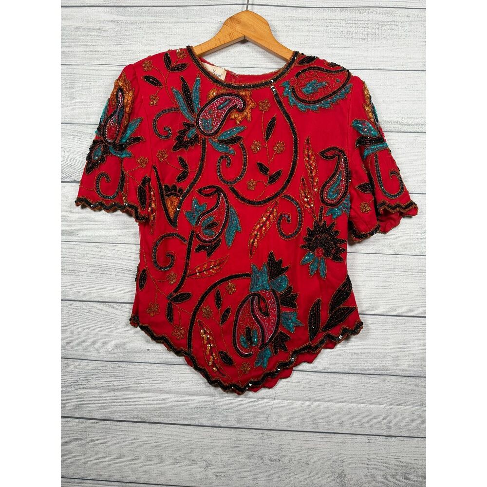 Vintage Laurence Kazar Women's L Red Beaded Sequin Paisley Evening Top 1245